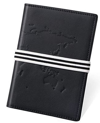 protection pour passeport en cuir noir avec carte du monde en relief de la marque Flintronic