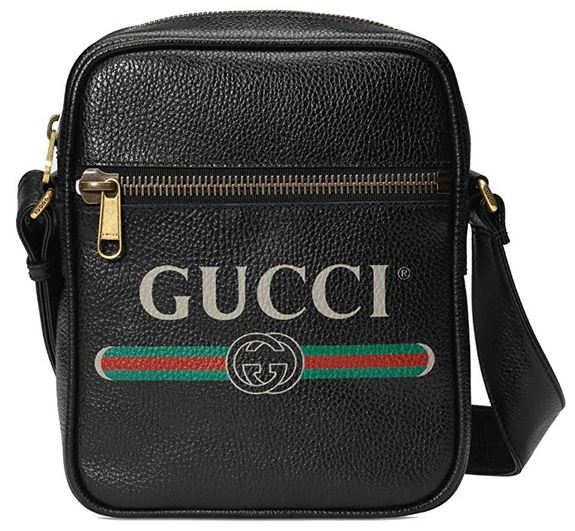 sacoche pour homme Gucci en cuir fonce avec le logo de la marque en vert rouge et dore