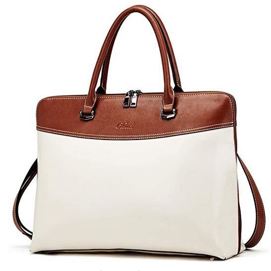 porte document sac business feminin en cuir marron et tissu blanc casse pouvant accueillir un ordinateur de 15.6 pouces et moins